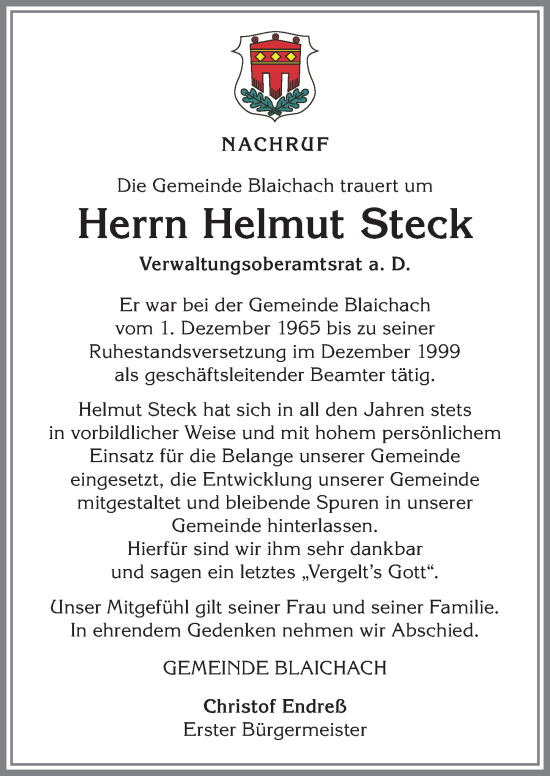 Traueranzeige von Helmut Steck von Allgäuer Anzeigeblatt