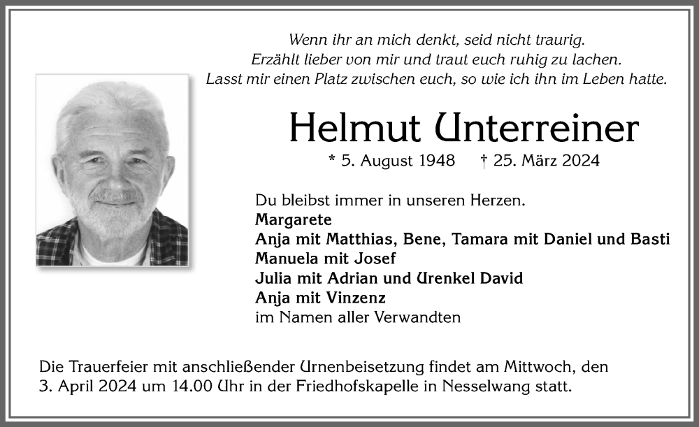  Traueranzeige für Helmut Unterreiner vom 30.03.2024 aus Allgäuer Zeitung, Füssen