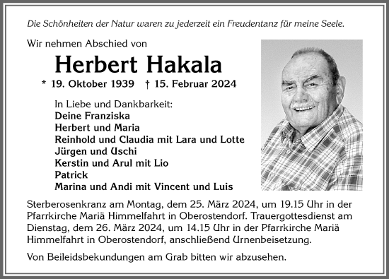 Traueranzeige von Herbert Hakala von Allgäuer Zeitung, Kaufbeuren/Buchloe