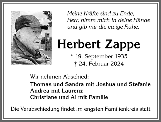 Traueranzeige von Herbert Zappe von Allgäuer Zeitung, Kaufbeuren/Buchloe
