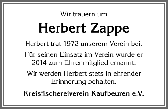 Traueranzeige von Herbert Zappe von Allgäuer Zeitung, Kaufbeuren/Buchloe