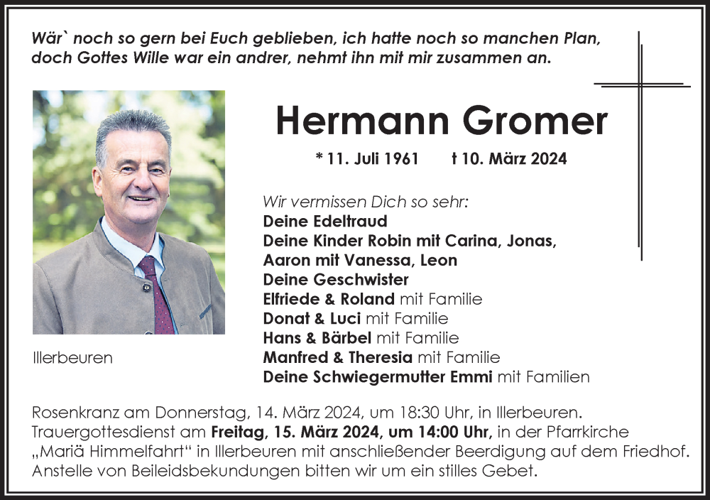  Traueranzeige für Hermann Gromer vom 13.03.2024 aus Memminger Zeitung