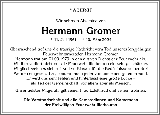 Traueranzeige von Hermann Gromer von Memminger Zeitung