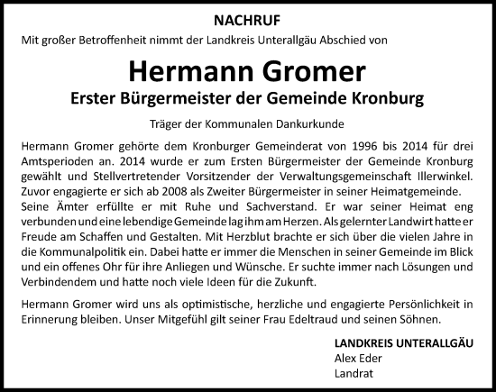 Traueranzeige von Hermann Gromer von Illertisser Zeitung, Augsburger Allgemeine, Mindelheimer Zeitung