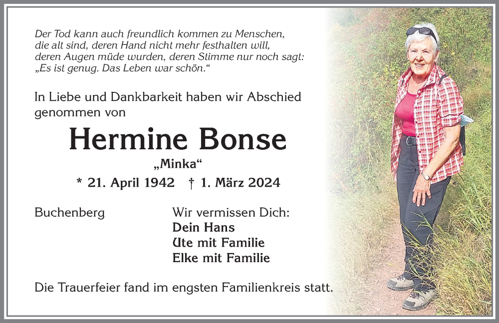  Traueranzeige für Hermine Bonse vom 19.03.2024 aus Allgäuer Zeitung,Kempten