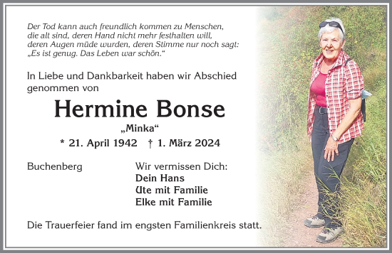 Traueranzeige von Hermine Bonse von Allgäuer Zeitung,Kempten