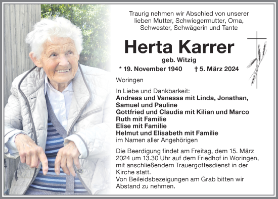 Traueranzeige von Herta Karrer von Memminger Zeitung