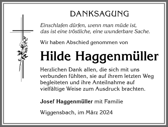 Traueranzeige von Hilde Haggenmüller von Allgäuer Zeitung,Kempten