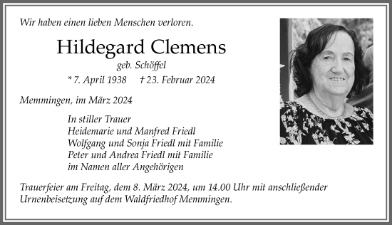 Traueranzeige von Hildegard Clemens von Memminger Zeitung