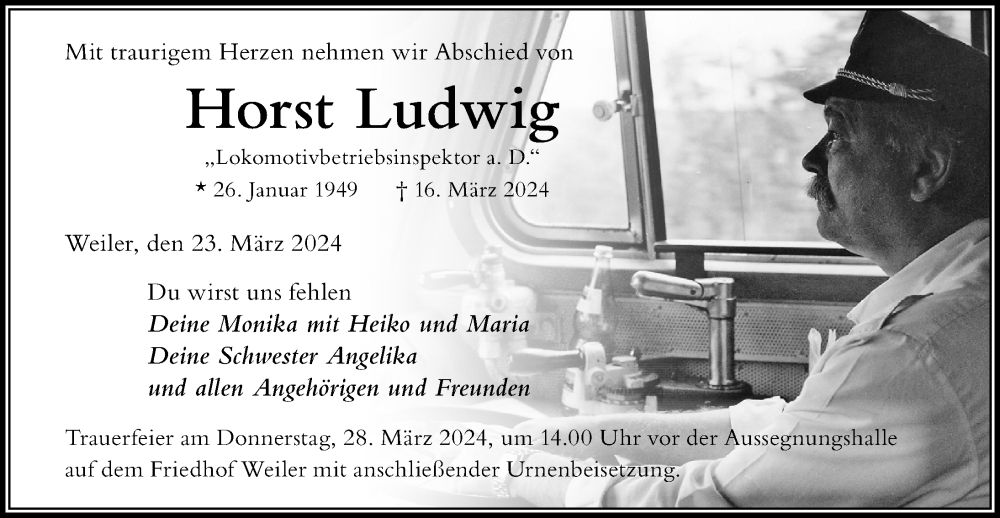  Traueranzeige für Horst Ludwig vom 23.03.2024 aus Der Westallgäuer