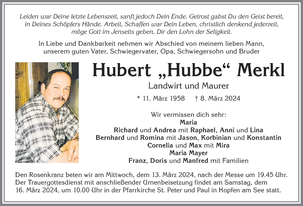  Traueranzeige für Hubert Merkl vom 12.03.2024 aus Allgäuer Zeitung, Füssen