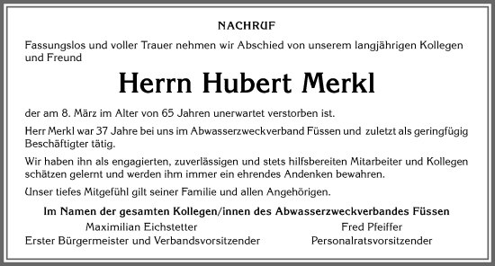 Traueranzeige von Hubert Merkl von Allgäuer Zeitung, Füssen