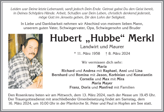 Traueranzeige von Hubert Merkl von Allgäuer Zeitung, Füssen