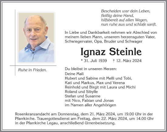 Traueranzeige von Ignaz Steinle von Memminger Zeitung