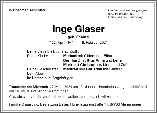Traueranzeige von Inge Glaser von Memminger Zeitung