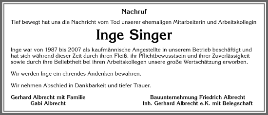 Traueranzeige von Inge Singer von Allgäuer Zeitung, Kaufbeuren/Buchloe