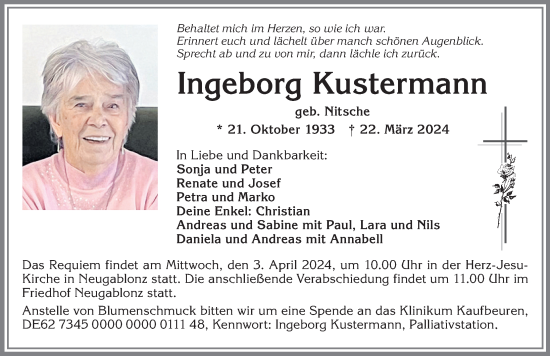 Traueranzeige von Ingeborg Kustermann von Allgäuer Zeitung, Kaufbeuren/Buchloe