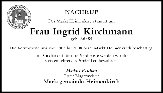 Traueranzeige von Ingrid Kirchmann von Der Westallgäuer