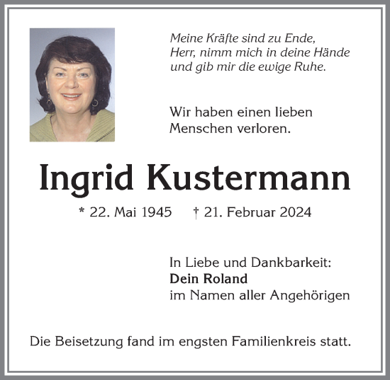 Traueranzeige von Ingrid Kustermann von Allgäuer Zeitung, Marktoberdorf