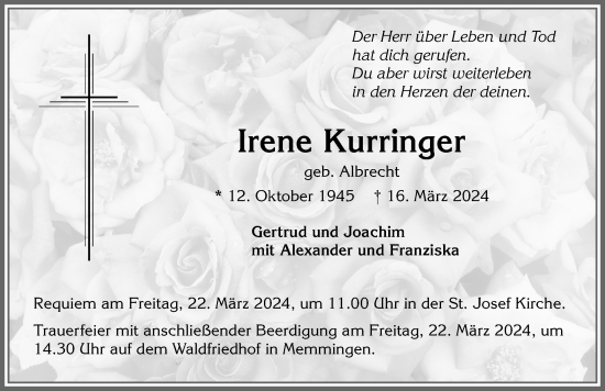 Traueranzeige von Irene Kurringer von Memminger Zeitung