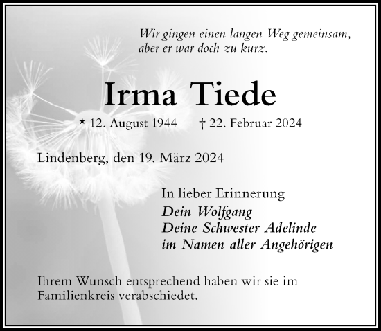 Traueranzeige von Irma Tiede von Der Westallgäuer