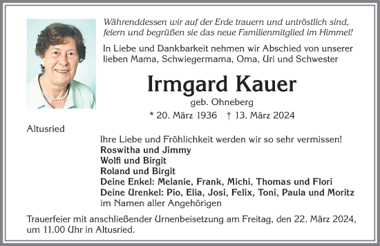 Traueranzeige von Irmgard Kauer von Allgäuer Zeitung,Kempten