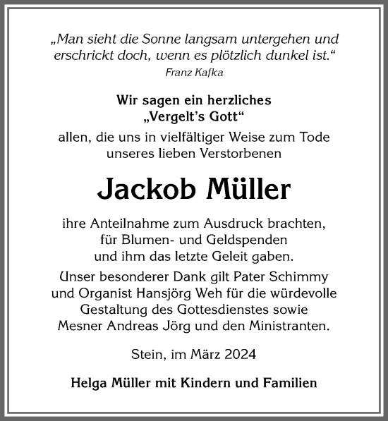 Traueranzeige von Jackob Müller von Allgäuer Anzeigeblatt