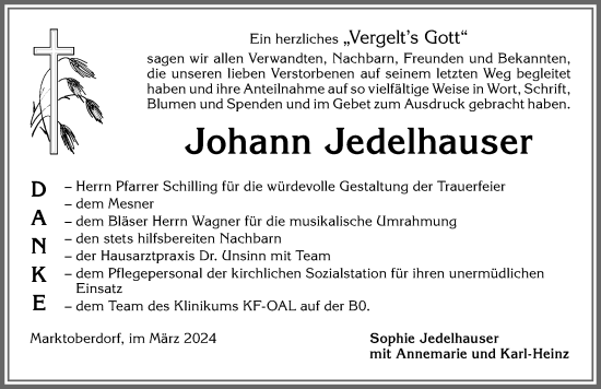Traueranzeige von Johann Jedelhauser von Allgäuer Zeitung, Marktoberdorf