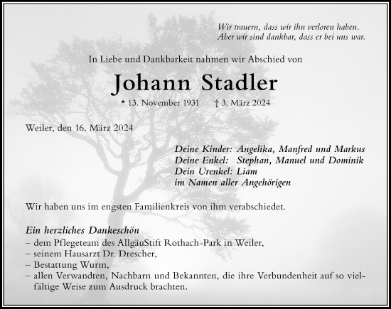 Traueranzeige von Johann Stadler von Der Westallgäuer