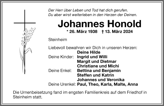 Traueranzeige von Johannes Honold von Memminger Zeitung