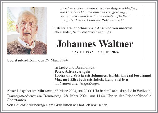 Traueranzeige von Johannes Waltner von Allgäuer Anzeigeblatt