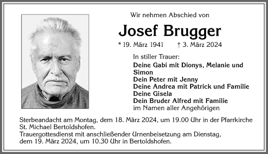 Traueranzeige von Josef Brugger von Allgäuer Zeitung, Marktoberdorf