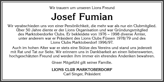 Traueranzeige von Josef Fumian von Allgäuer Zeitung, Marktoberdorf