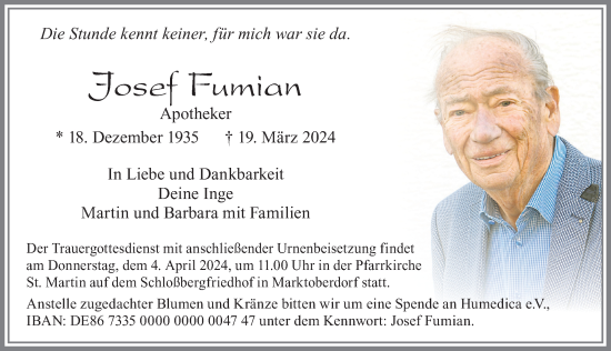 Traueranzeige von Josef Fumian von Allgäuer Zeitung, Marktoberdorf