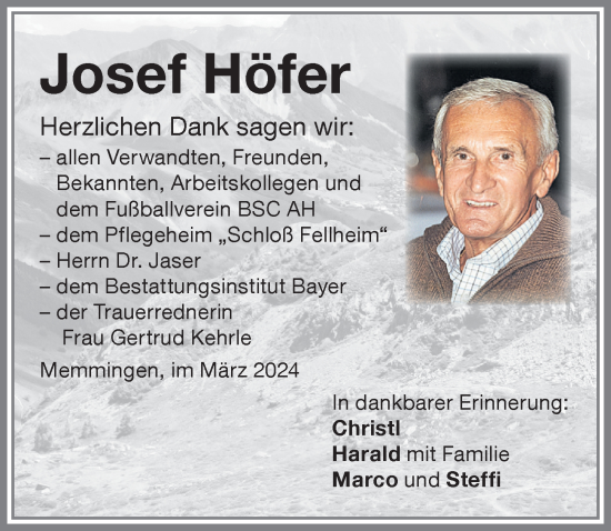 Traueranzeige von Josef Höfer von Memminger Zeitung
