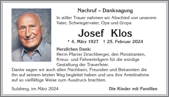 Traueranzeige von Josef Klos von Allgäuer Zeitung,Kempten