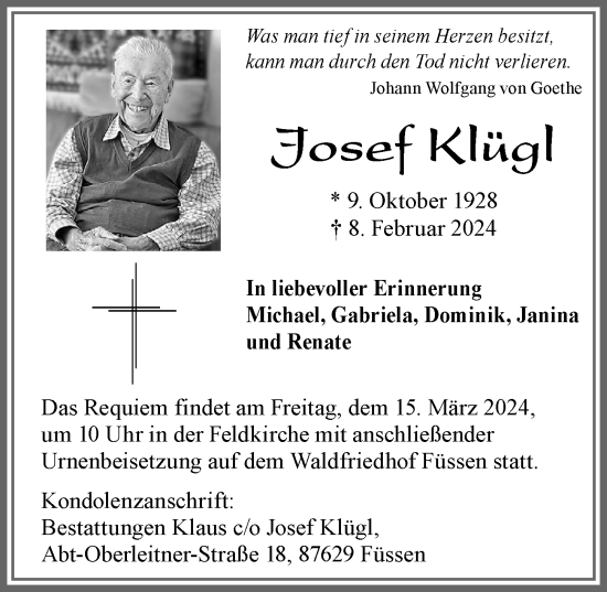 Traueranzeige von Josef Klügl von Allgäuer Zeitung, Füssen