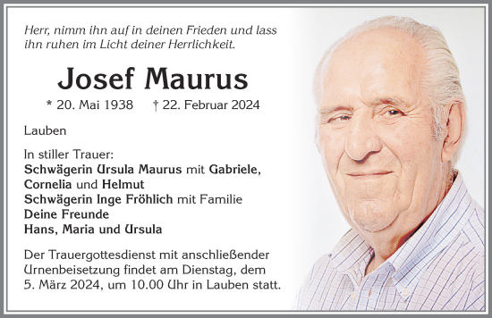 Traueranzeige von Josef Maurus von Allgäuer Zeitung,Kempten