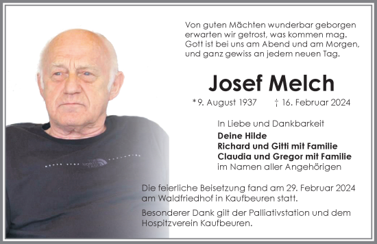 Traueranzeige von Josef Melch von Allgäuer Zeitung, Kaufbeuren/Buchloe