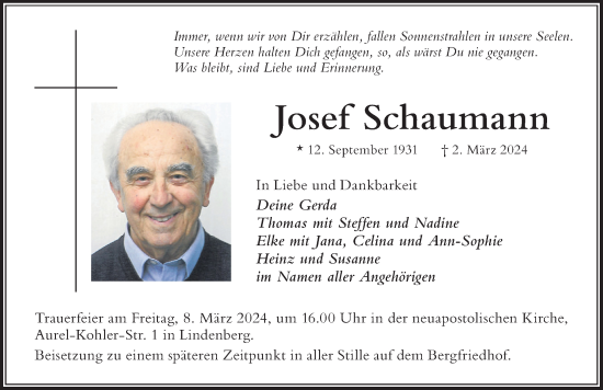 Traueranzeige von Josef Schaumann von Der Westallgäuer