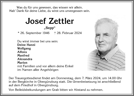 Traueranzeige von Josef Zettler von Allgäuer Zeitung, Marktoberdorf