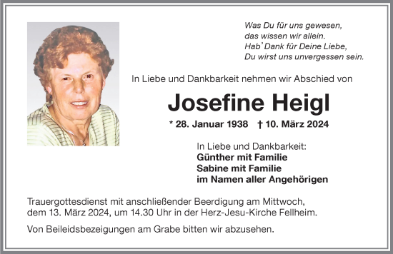 Traueranzeige von Josefine Heigl von Memminger Zeitung