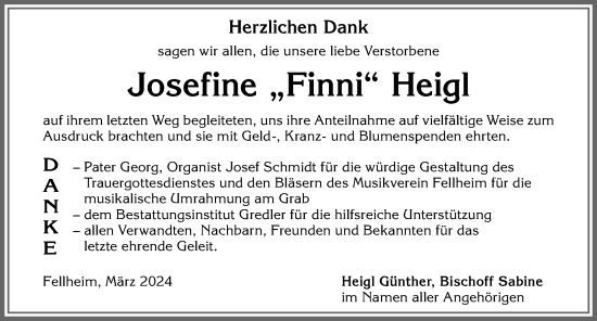 Traueranzeige von Josefine Heigl von Memminger Zeitung