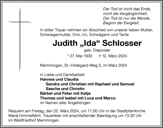 Traueranzeige von Judith Schlosser von Memminger Zeitung