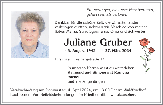 Traueranzeige von Juliane Gruber von Allgäuer Zeitung, Kaufbeuren/Buchloe