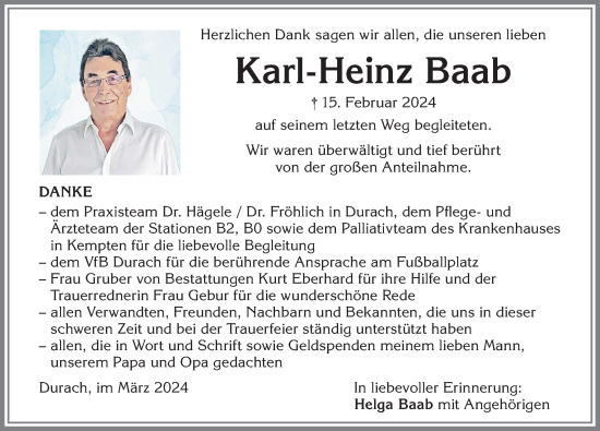 Traueranzeige von Karl-Heinz Baab von Allgäuer Zeitung,Kempten