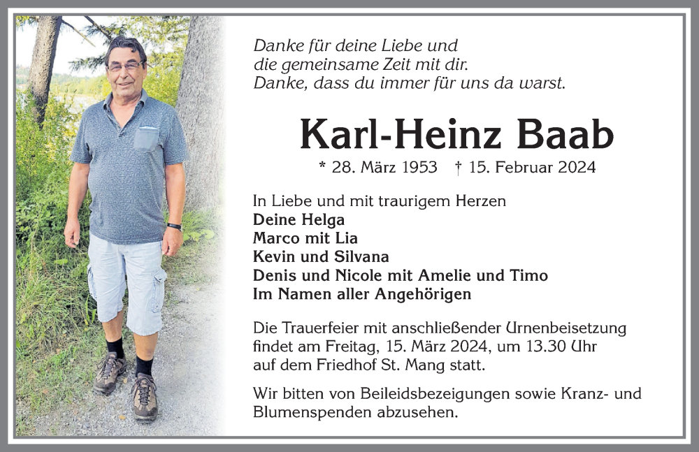  Traueranzeige für Karl-Heinz Baab vom 09.03.2024 aus Allgäuer Zeitung,Kempten