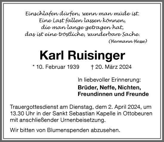 Traueranzeige von Karl Ruisinger von Memminger Zeitung