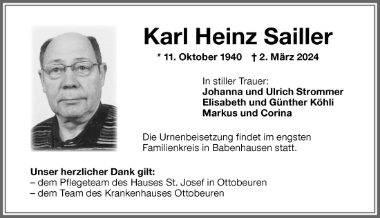 Traueranzeige von Karl Heinz Sailler von Memminger Zeitung