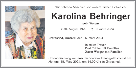 Traueranzeige von Karolina Behringer von Allgäuer Zeitung, Marktoberdorf